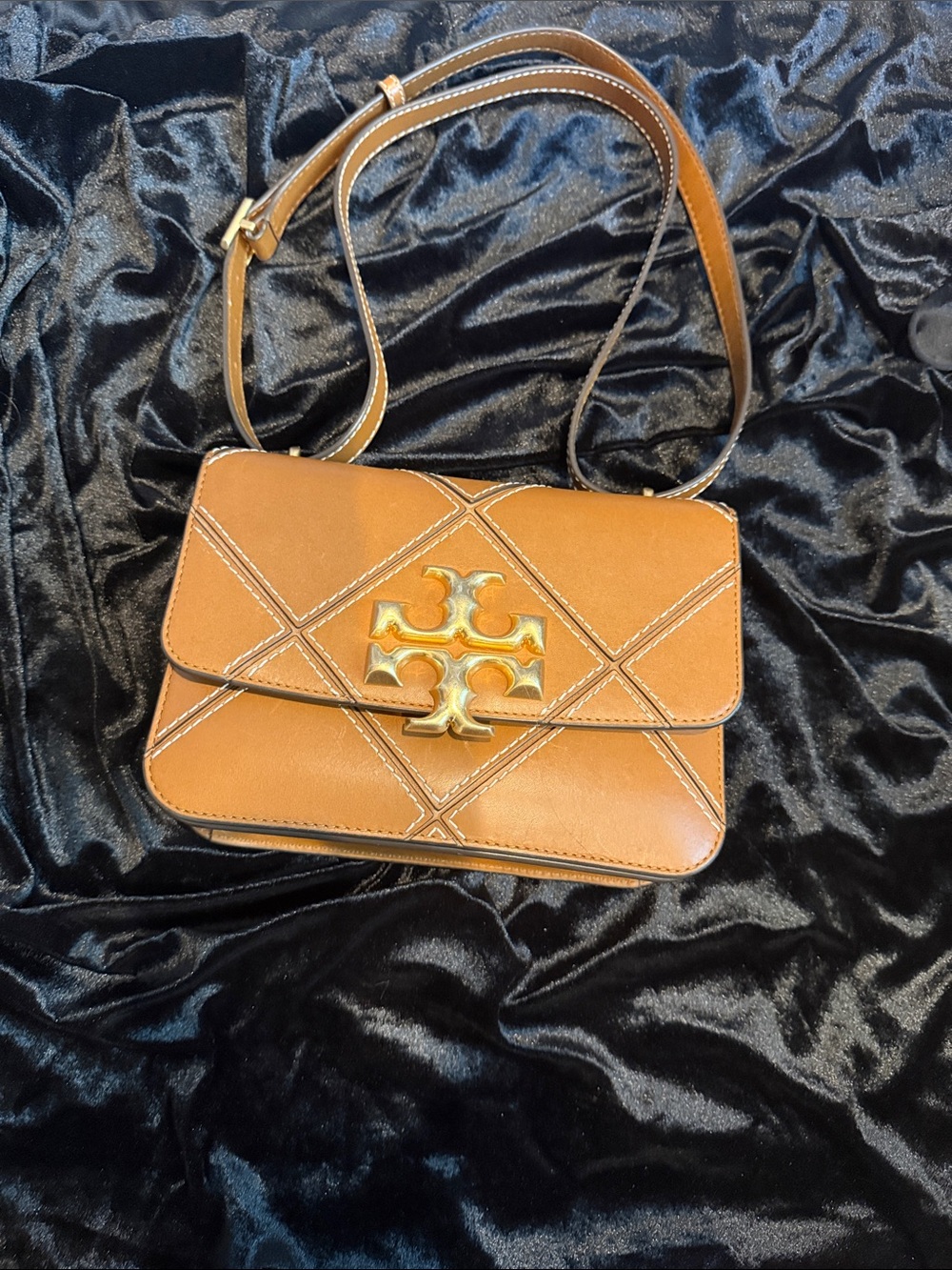 Tory Burch Quilted Logo Crossbody Bag in Tan with Gold Hardware